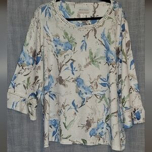 Alfred Dunner Blue Birds and Cream Floral Blouse
